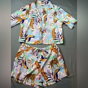 Cynthia Rowley M Women’s Tiger Print Pajama Set Button Up Top Drawstring Shorts